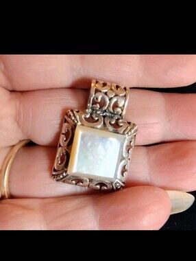 Vintage Heavy Antiqued .925 Sterling Silver & Mother of Pearl Pendant